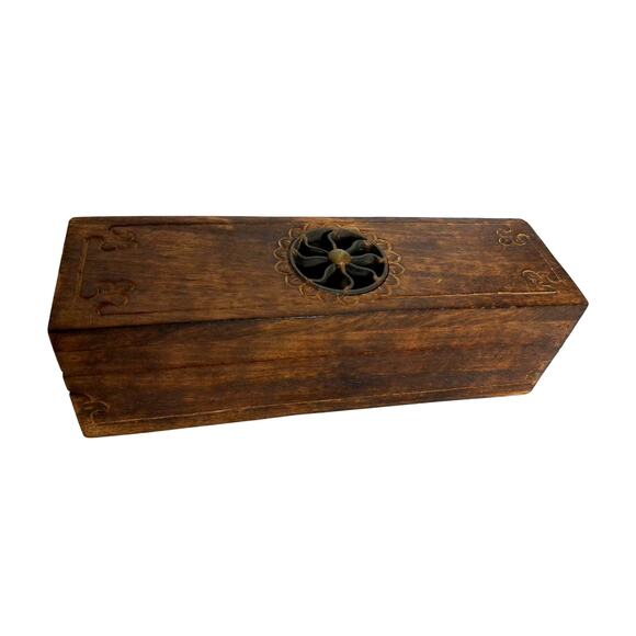 Hand Carved Wood Metal Sun Celestial Inlay Jewelry Trinket Box India Arabic - Picture 1 of 7